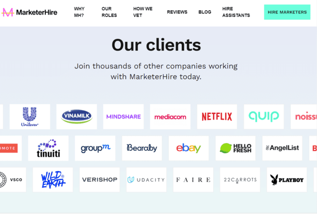 MarketerHire digital marketing marketplace list of clients