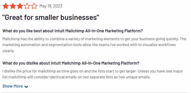 reseña de un usuario de Mailchimp en G2