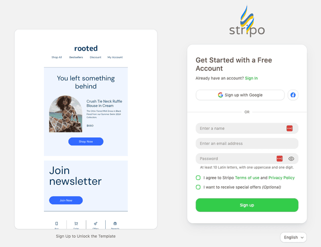 Stripo free email editor builder signup page